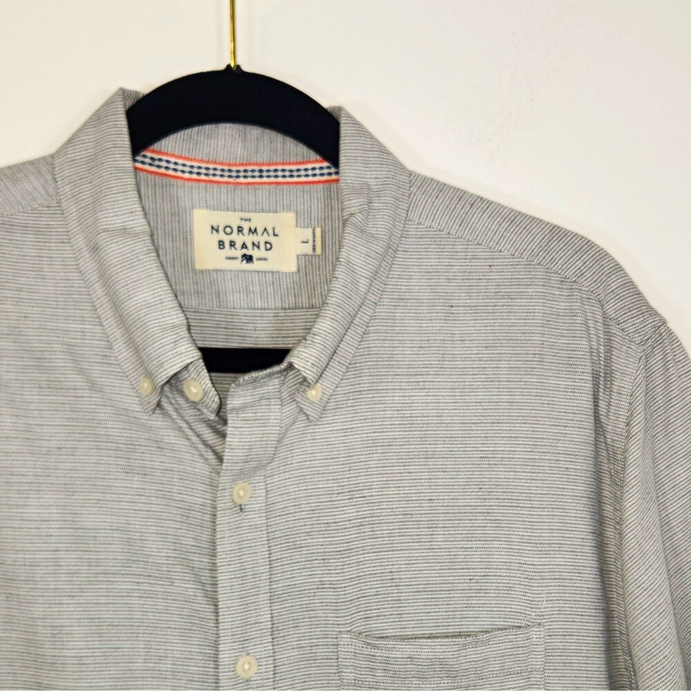 The Normal Brand Blue Gray Cream Striped Button Down S/S Shirt L Pockets